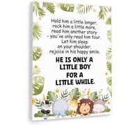 BYLSAGWHT Boy Nursery Inspiration Quote - Hold Him A Little Longer Safari Theme Canvas Print, Lion Elephant Giraffe Painting for Adventure Themed Toddler Room Decor (Unframed,08x12inch(20x30cm))