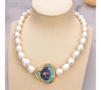 BYLSAGWHT Cultured White Rice Pearl Blue Insect Pave Choker Necklace 19'' ethnic style for women