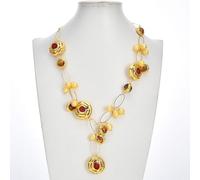 BYLSAGWHT Freshwater Cultured Golden Rice Pearl Red Coral Electroplated Edged Beads Brown Murano Glass Chain Necklace 21"
