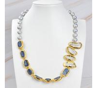 BYLSAGWHT Freshwater Cultured Gray Rice Pearl White Biwa Pearl Blue Necklace 23"