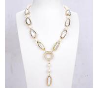BYLSAGWHT Freshwater Cultured White Biwa Pearl Rectangle Round Pearl Y-Drop Necklace 18.5"
