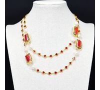 BYLSAGWHT Freshwater Cultured White Pearl Red Coral Red Crystal Station Long Necklace 39" Collar Long Sweater chain For Lady