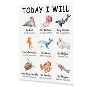 BYLSAGWHT Ocean Animals Affirmations Canvas Wall-Art - Today I Will Be Kind Like the Walrus Inspirational Quote for Room, Nursery and Toddler Bedroom Wall Decor(Framed,16x24inch(40x60cm))