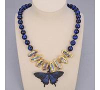 BYLSAGWHT Round Blue Tiger Eye Gold Edge Black Biwa Pearl Necklace Butterfly Pendant 20" for women For Women