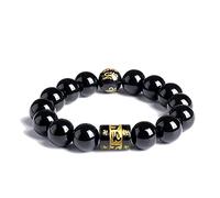 ByNGSDCC Pulsera de Buena Suerte, Pulsera de obsidiana Negra Feng Shui, Mantra Seis Caracteres, Pulsera, Cuentas Natural, talismán for alejar Malos espíritus y Prosperidad, 14 mm