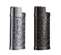 BYNYXI 2 fundas vintage para encendedor mini BIC, portable, de metal, retro, con cadena grabada, reutilizables, para mecheros regulares