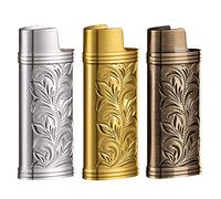 BYNYXI 3 fundas vintage para encendedor mini BIC, portable, de metal, retro, con cadena grabada, reutilizables, para mecheros regulares