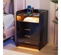 BYNYXI Mesilla de noche LED con luz, mesita de noche con compartimento secreto, 2 cajones, enchufes 2 AC/2 USB, estante abierto, mesa lateral, armario deslizante oculto, armario lateral para