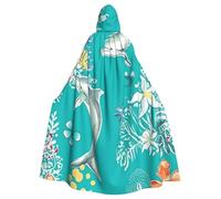 BYPPJGH Capa con capucha de Halloween para adultos, delfines, flores, estrellas de mar, coral, conchas marinas, capa de longitud completa, disfraz de Halloween, Navidad, cosplay, para hombres y