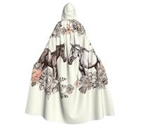 BYPPJGH Capa con capucha de Halloween para adultos, flores y caballos, dibujada a mano, capa de longitud completa, disfraz de Halloween, Navidad, cosplay, para hombres y mujeres