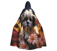 BYPPJGH Capa con capucha de Halloween para adultos, perro Shih Tzu y flores, capa de longitud completa, disfraz de Halloween, Navidad, cosplay, para hombres y mujeres