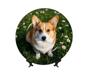 BYPPJGH Lindos platos decorativos de cerámica Corgi, plato decorativo de porcelana china con soporte de exhibición hecho a mano, adorno de cerámica con personalidad, plato de cena de porcelana