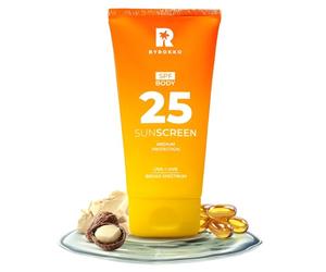 BYROKKO Crema solar corporal SPF 25, 150 ml, protección solar de banda ancha para pieles sensibles, ligera, no grasa, con manteca de karité, vitamina E y aroma tropical, sin velo blanco