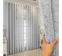 BYSURE Juego de 2 Cortinas de Jacquard con Estampado de Flores, Bonitas Cortinas con Ojales semitransparentes, decoración con Ojales, para salón, Dormitorio, habitación Infantil, 140 x 225 cm, Gris