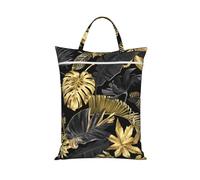 BYwenhopnbs Bolsa de lavandería con estampado de hojas tropicales doradas y negras, ideal para viajes o cuando se necesita lavar ropa. Incluye cremallera.