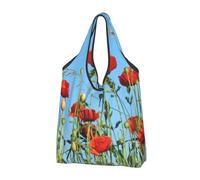 BYwenhopnbs Bolsa de mano plegable con estampado de amapolas sobre cielo azul, impermeable y reutilizable, ideal para compras y viajes.