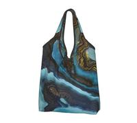 BYwenhopnbs Bolso de mano plegable con diseño abstracto de mármol líquido azul y dorado, impermeable y reutilizable, ideal para compras y viajes.