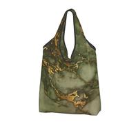 BYwenhopnbs Bolso de mano plegable de lujo con diseño de mármol verde y dorado, impermeable y reutilizable, ideal para compras y viajes.