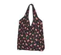 BYwenhopnbs Bolso de mano plegable negro con estampado de sandías y cerezas, impermeable y reutilizable, ideal para viajes.