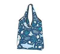 BYwenhopnbs Bolso plegable azul con estampado de tiburón sonriente, animales marinos, peces y estrellas de mar. Bolsa de compras plegable, impermeable y reutilizable para viajes.