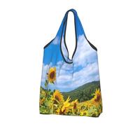BYwenhopnbs Bolso plegable con estampado de girasoles, mar, cielo azul y nubes blancas, impermeable y reutilizable, ideal para compras y viajes.