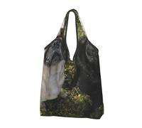 BYwenhopnbs Bolso plegable con estampado de perro pug en blanco y negro, impermeable y reutilizable, ideal para compras y viajes.