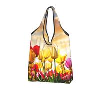 BYwenhopnbs Bolso plegable tipo tote con estampado de tulipanes y puesta de sol, impermeable y reutilizable, ideal para compras y viajes.