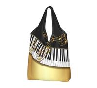 BYwenhopnbs Elegante bolso de mano plegable negro con notas doradas y teclas de piano, impermeable y reutilizable para compras y viajes.