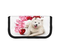 BYwenhopnbs Estuche de Lona de Gran Capacidad con diseño de Perro Samoyedo y Flores Rosas, Organizador para lápices y bolígrafos, para niñas.