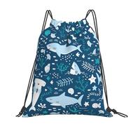 BYwenhopnbs Mochila deportiva con cordón, resistente al agua, para gimnasio, para mujeres y hombres, con diseño de tiburón sonriente, animales marinos, peces y estrellas de mar, color azul