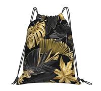 BYwenhopnbs Mochila deportiva con cordón y diseño de hojas tropicales doradas y negras, resistente al agua, para gimnasio, para mujeres y hombres.