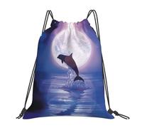 BYwenhopnbs Mochila deportiva con cordón y estampado de delfines saltando bajo la luz de la luna, resistente al agua, para hombre y mujer.