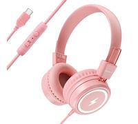 Bywulanda Auriculares para niños con luces LED para la escuela, auriculares USB tipo C con micrófono, limitador de volumen 85/94 dB, auriculares con cable para niños, niñas, tabletas, viajes, color