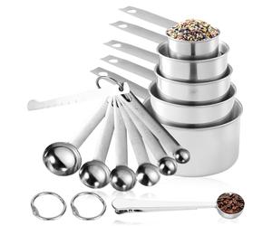 Byzesty Juego de 13 tazas medidoras y cucharas medidoras de acero inoxidable, taza medidora y cuchara, cuchara con clip, 5 tazas de medición y 7 cucharas, taza medidora y cuchara con regla de