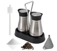 BZUEPRS Juego de salero y pimentero con soporte, salero y pimentero con 1 cepillo de limpieza y 1 embudo, cristal y acero inoxidable, para cocina, restaurante (plata)