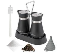 BZUEPRS Juego de salero y pimentero con soporte, salero y pimentero con 1 cepillo de limpieza y 1 embudo, cristal y acero inoxidable, para cocina, restaurante (negro)