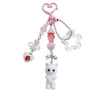 Bzzerumy Lindo llavero de peluche con lazo de corazón y encanto de fresa, decoración de gatito esponjosa, regalo para amantes de los gatos, novia, estilo Y2K, para mujeres y niñas