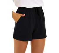 C K CrisKat Pantalones Cortos de Lino y Algodón para Mujer, Cintura Elástica con Cordón, Beige, con Bolsillos (FR/ES, Letras, XL, Regular, Regular, Lino Negro)