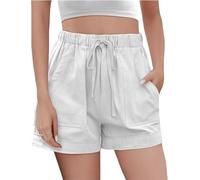 C K CrisKat Pantalones Cortos de Lino y Algodón para Mujer, Cintura Elástica con Cordón, con Bolsillos (FR/ES, Letras, XL, Regular, Regular, Algodón Blanco)