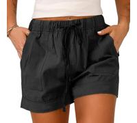 C K CrisKat Pantalones Cortos de Lino y Algodón para Mujer, Cintura Elástica con Cordón, con Bolsillos (FR/ES, Letras, S, Regular, Regular, Algodón Negro)