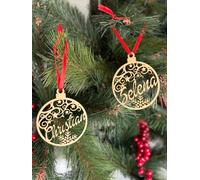 C&P Bola de Navidad Personalizada con Nombre de Madera con Copito Nieve Interior. Regalo Original Personalizado con Nombre. Adorno árbol de Navidad.Cordel de Raso Rojo Incluido (Pack 2)