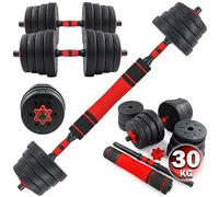 C.P.Sports 2in1 Juego de Mancuernas y Pesas 30kg | 4X 1,25kg -4X 1,5kg -4X 2,0kg - 4X 2,5kg - 2X Mangos | Placas de plástico para Entrenamiento, Fitness, Gimnasio en casa | Rojo-Negro
