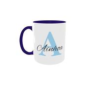 C&P Taza Personalizada blanco brillo con asa e interior color, con Inicial y Nombre de cerámica 350 ML (AZUL MARINO)