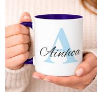 C&P Taza Personalizada en color blanco brillo con asa e interior color, con Inicial y Nombre de cerámica 350 ML (AZUL MARINO)