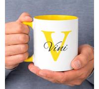C&P Taza Personalizada en color blanco brillo con asa e interior color, con Inicial y Nombre de cerámica 350 ML (AMARILLO)