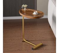 C Shaped Side Table, Small Side Table, Sofa End Table, Nightstand End Table with Metal Stand, C Shaped End Table for Sofa, Bed, Living Room, Bedroom (Color : Walnut Color Desktop+Gold Stand)