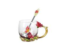 C&Z Taza de cristal esmaltado, diseño de mariposa y flor, sin plomo, taza de té, tazas de café con cuchara de acero para mujeres, cumpleaños, San Valentín, boda, regalo rojo