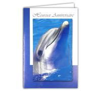 C1050/1 - Tarjeta de cumpleaños feliz con sobres beige - Delfín sonriente que saca su cabeza del agua azul turquesa Mar Océano - Tarjeta que se abre sobre un interior blanco para escribir su mensaje