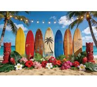 Caaerttply Fondo hawaiano tropical de verano de 10 x 8 pies, tabla de surf, palmera, flores, Tiki, fondo de fotografía, vacaciones, boda, fiesta, decoración, cartel, retrato, cabina de fotos