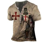 Caballeros Templarios 3D Imprimir Camisetas Hombres Vintage Distressed Henley Camiseta Manga Corta Tops Casual V Neck Pullover